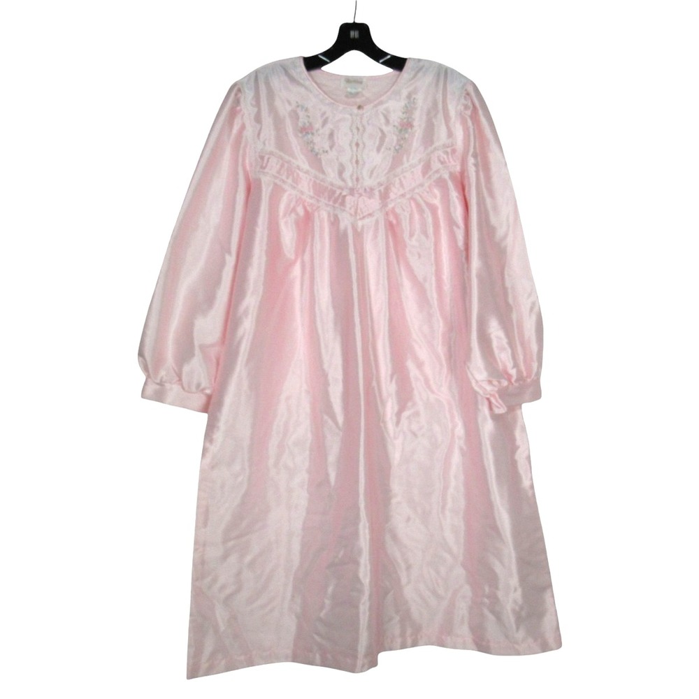 VTG BARBIZON Pink SATIN Fleece Backing FLORAL/LACE DETAIL Lounge NIGHTGOWN Sz XL